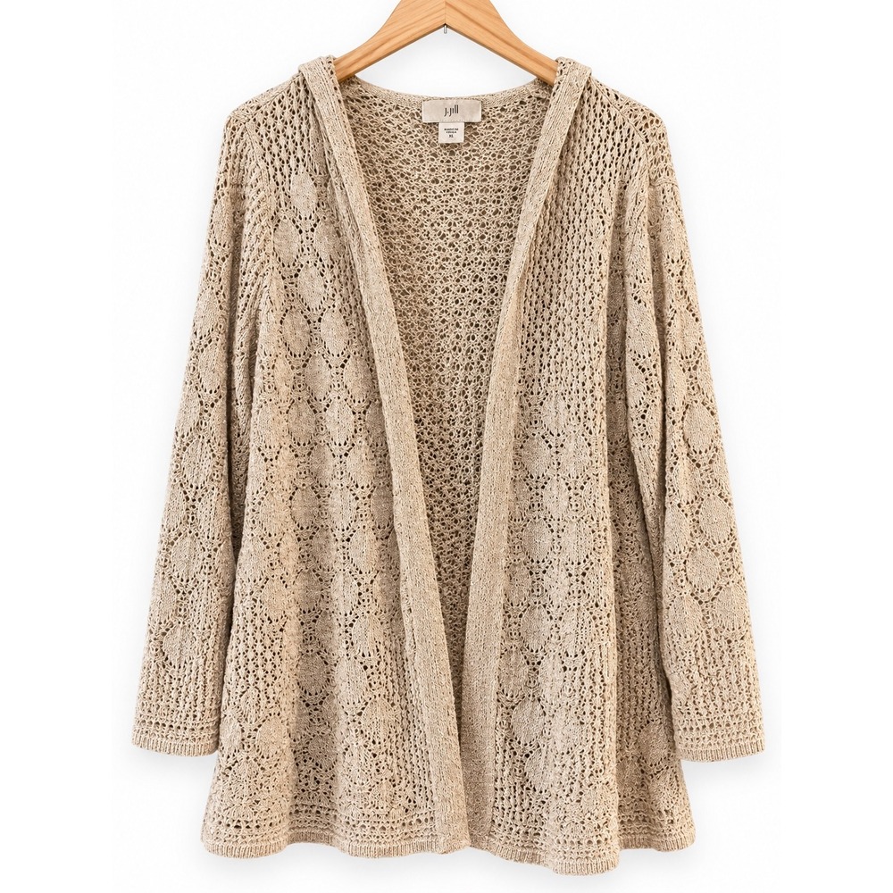 J. Jill Womens XL Beige Cotton Blend Pointelle Knit Hooded Open Front Cardigan